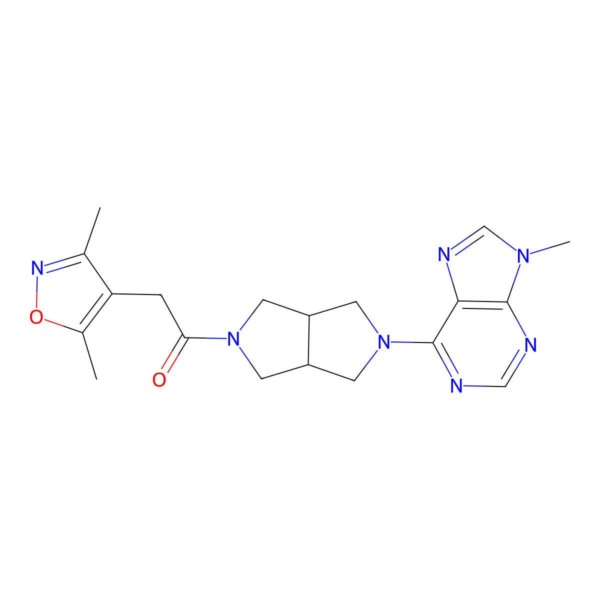 2-(3,5-dimethyl-1,2-oxazol-4-yl)-1-[5-(9-methyl-9H-purin-6-yl)-octahydropyrrolo[3,4-c]pyrrol-2-yl]ethan-1-one molecular structure, CAS 2548999-55-7
