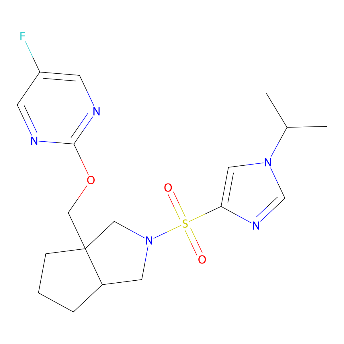 5-fluoro-2-[(2-{[1-(propan-2-yl)-1H-imidazol-4-yl]sulfonyl}-octahydrocyclopenta[c]pyrrol-3a-yl)methoxy]pyrimidine molecular structure, CAS 2548999-56-8