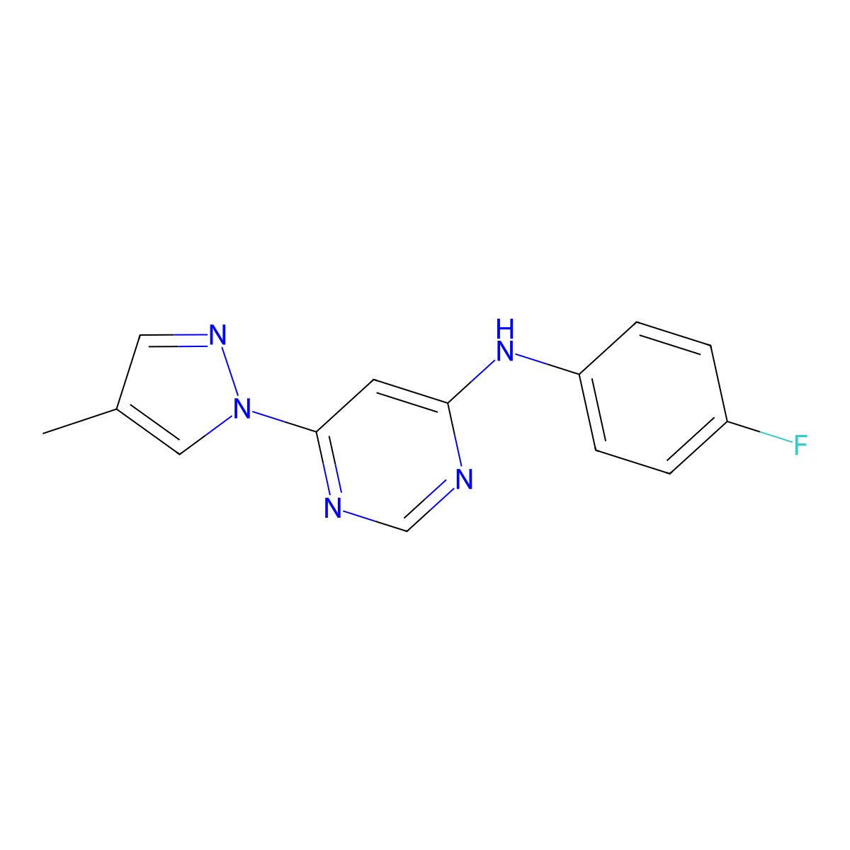 N-(4-fluorophenyl)-6-(4-methyl-1H-pyrazol-1-yl)pyrimidin-4-amine molecular structure, CAS 2548999-57-9