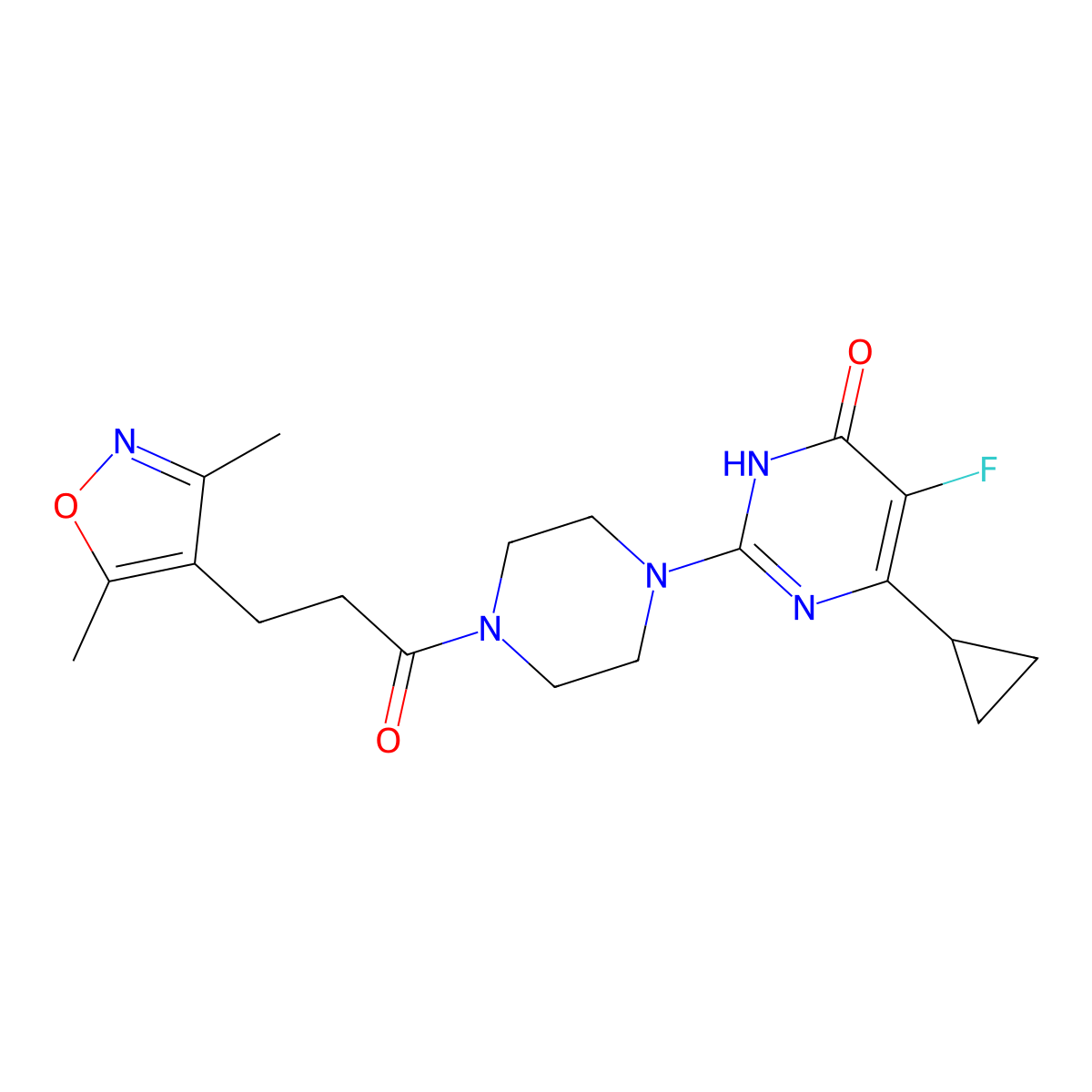 6-Cyclopropyl-2-{4-[3-(3,5-dimethyl-1,2-oxazol-4-yl)propanoyl]piperazin-1-yl}-5-fluoro-3,4-dihydropyrimidin-4-one molecular structure, CAS 2548999-60-4