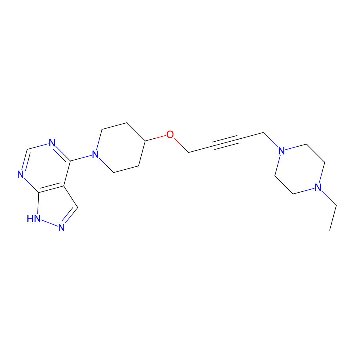 1-ethyl-4-{4-[(1-{1H-pyrazolo[3,4-d]pyrimidin-4-yl}piperidin-4-yl)oxy]but-2-yn-1-yl}piperazine molecular structure, CAS 2548999-80-8