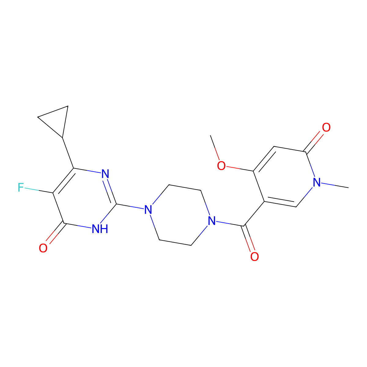 6-Cyclopropyl-5-fluoro-2-[4-(4-methoxy-1-methyl-6-oxo-1,6-dihydropyridine-3-carbonyl)piperazin-1-yl]-3,4-dihydropyrimidin-4-one molecular structure, CAS 2548999-81-9