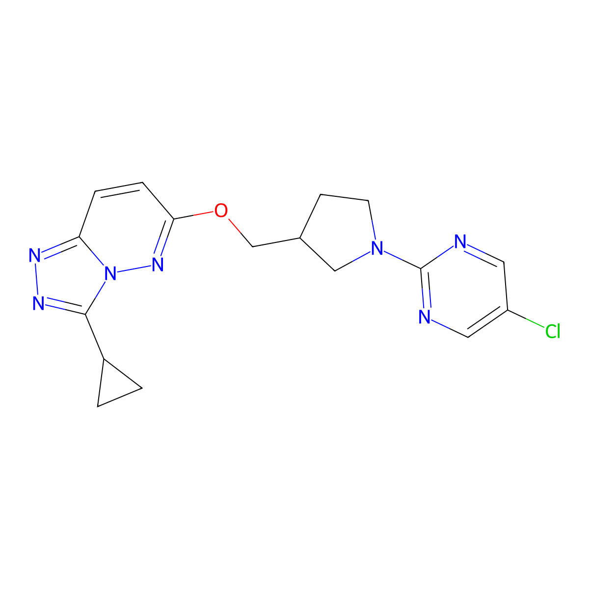 5-Chloro-2-{3-[({3-cyclopropyl-[1,2,4]triazolo[4,3-b]pyridazin-6-yl}oxy)methyl]pyrrolidin-1-yl}pyrimidine molecular structure, CAS 2548999-82-0