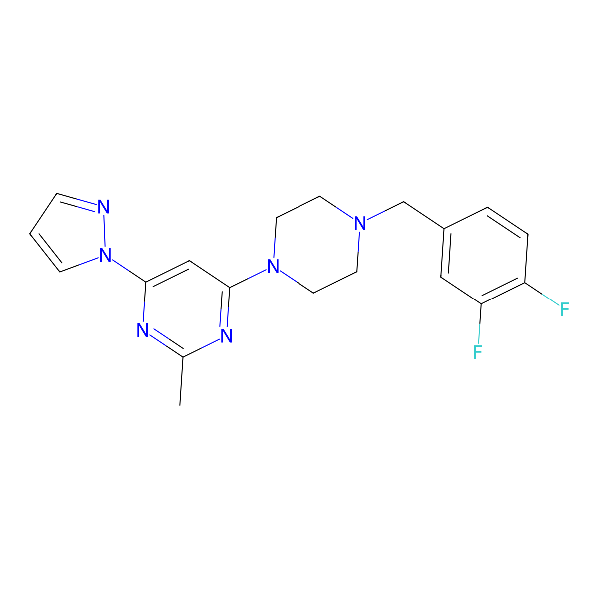 4-{4-[(3,4-difluorophenyl)methyl]piperazin-1-yl}-2-methyl-6-(1H-pyrazol-1-yl)pyrimidine molecular structure, CAS 2548999-83-1