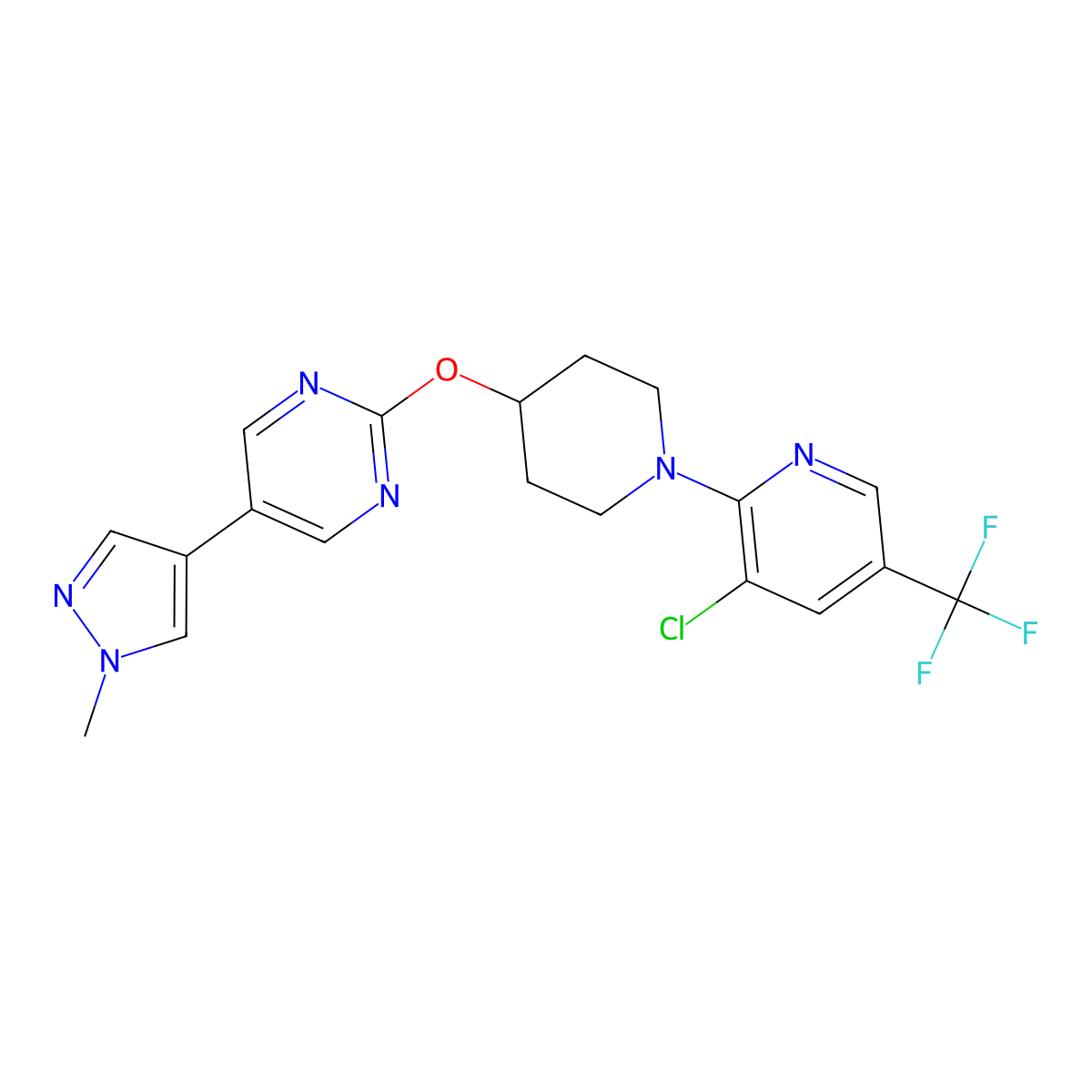 2-({1-[3-chloro-5-(trifluoromethyl)pyridin-2-yl]piperidin-4-yl}oxy)-5-(1-methyl-1H-pyrazol-4-yl)pyrimidine molecular structure, CAS 2548999-84-2