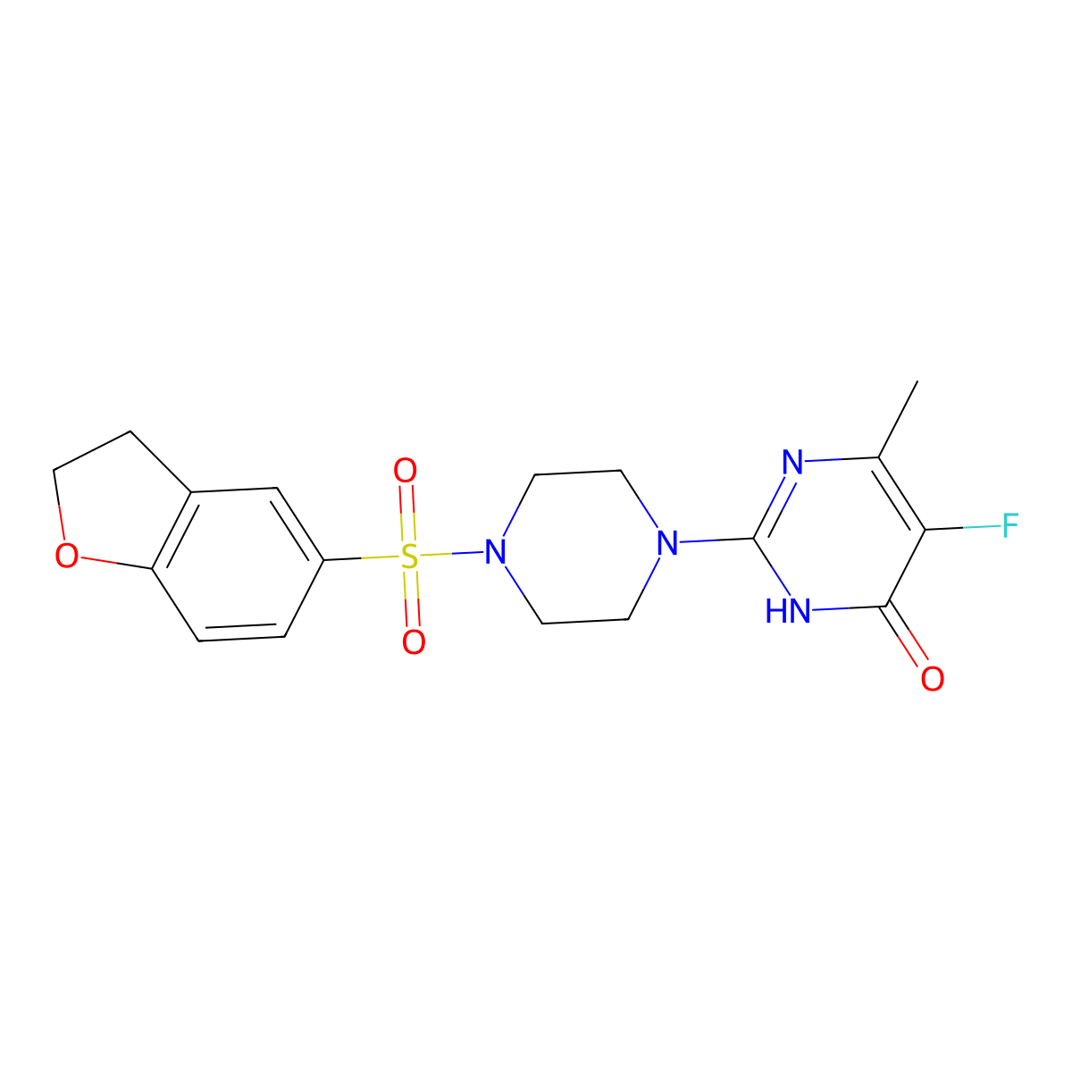 2-[4-(2,3-Dihydro-1-benzofuran-5-sulfonyl)piperazin-1-yl]-5-fluoro-6-methyl-3,4-dihydropyrimidin-4-one molecular structure, CAS 2548999-86-4