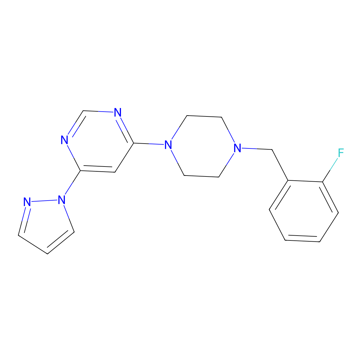 4-{4-[(2-fluorophenyl)methyl]piperazin-1-yl}-6-(1H-pyrazol-1-yl)pyrimidine molecular structure, CAS 2548999-89-7