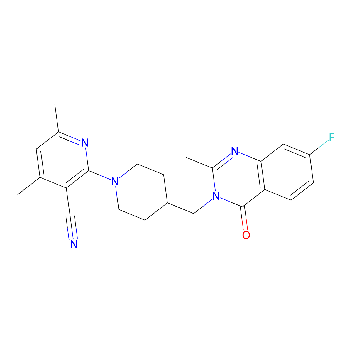 2-{4-[(7-Fluoro-2-methyl-4-oxo-3,4-dihydroquinazolin-3-yl)methyl]piperidin-1-yl}-4,6-dimethylpyridine-3-carbonitrile molecular structure, CAS 2548999-90-0