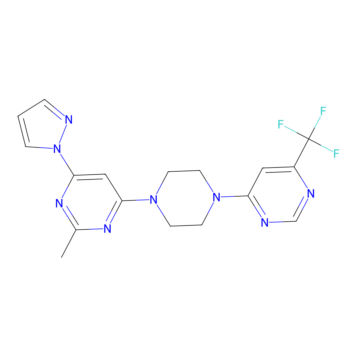 2-methyl-4-(1H-pyrazol-1-yl)-6-{4-[6-(trifluoromethyl)pyrimidin-4-yl]piperazin-1-yl}pyrimidine molecular structure, CAS 2548999-93-3