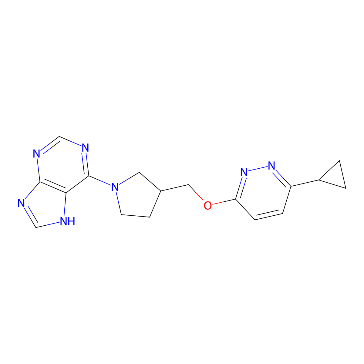 6-(3-{[(6-cyclopropylpyridazin-3-yl)oxy]methyl}pyrrolidin-1-yl)-9H-purine molecular structure, CAS 2549000-00-0
