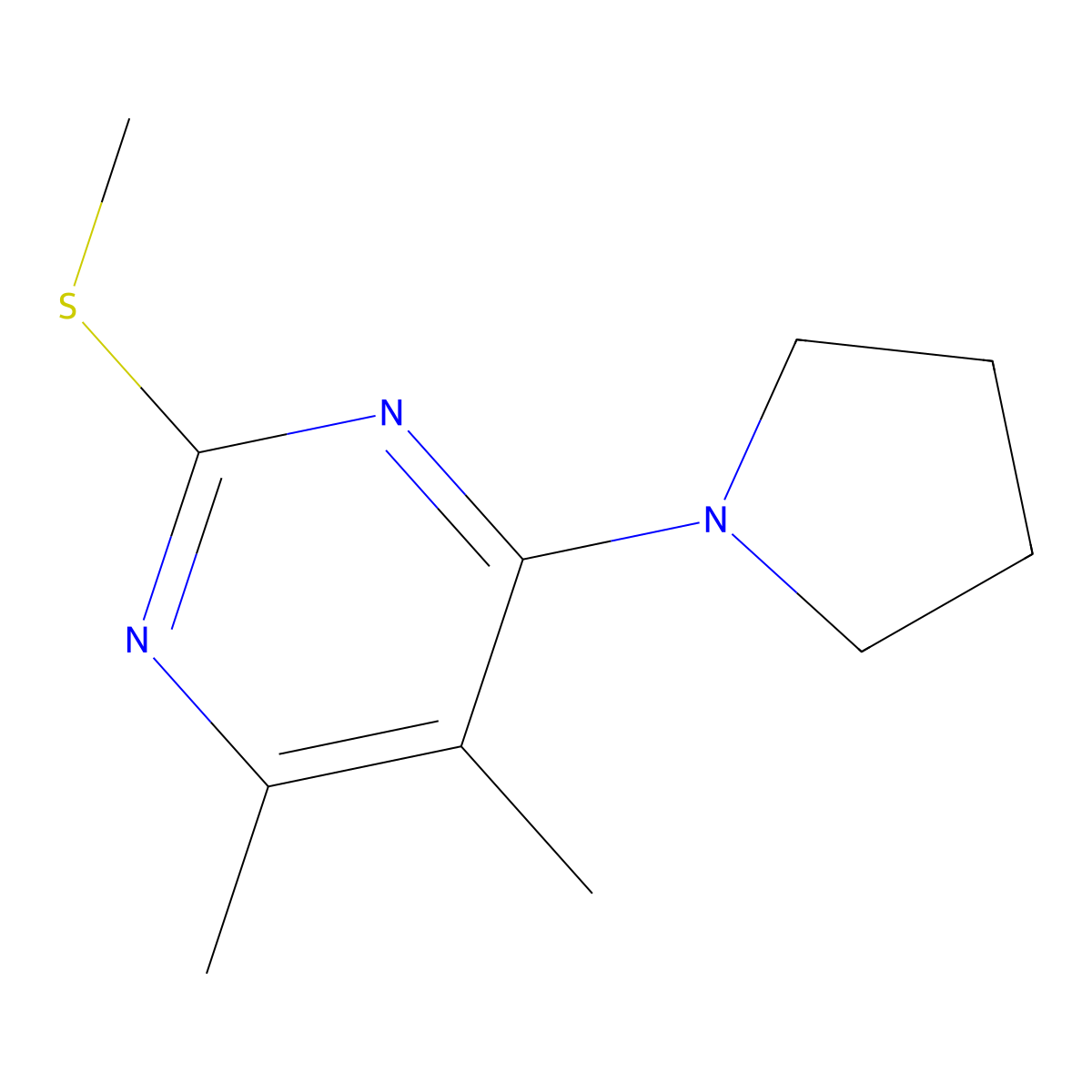 4,5-Dimethyl-2-(methylsulfanyl)-6-(pyrrolidin-1-yl)pyrimidine molecular structure, CAS 2549000-05-5