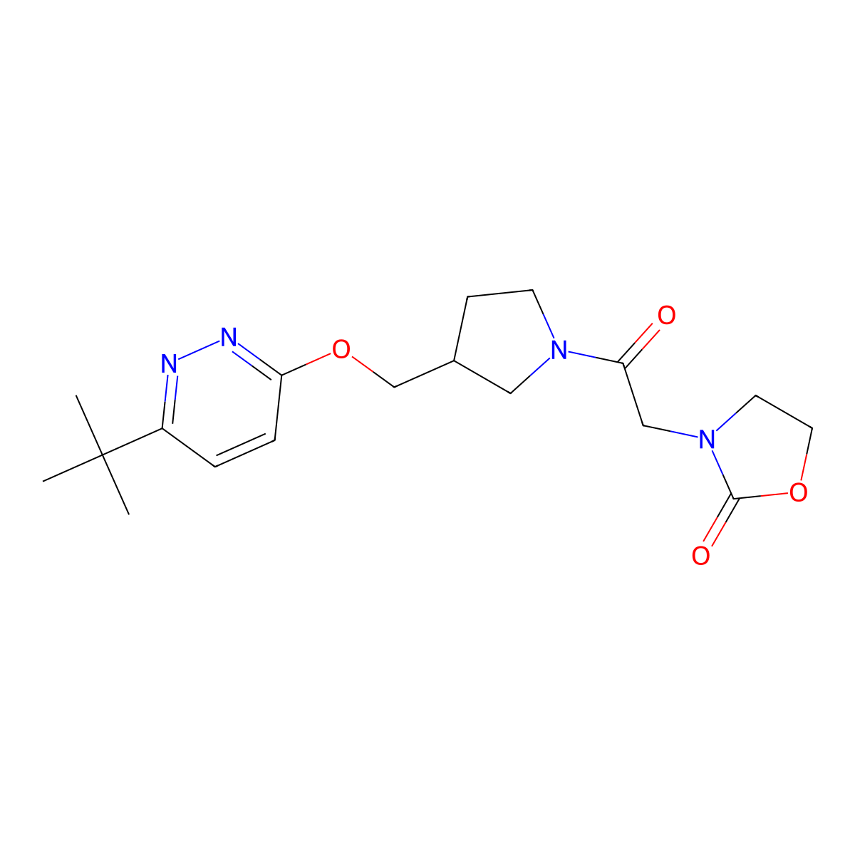 3-[2-(3-{[(6-Tert-butylpyridazin-3-yl)oxy]methyl}pyrrolidin-1-yl)-2-oxoethyl]-1,3-oxazolidin-2-one molecular structure, CAS 2549000-08-8