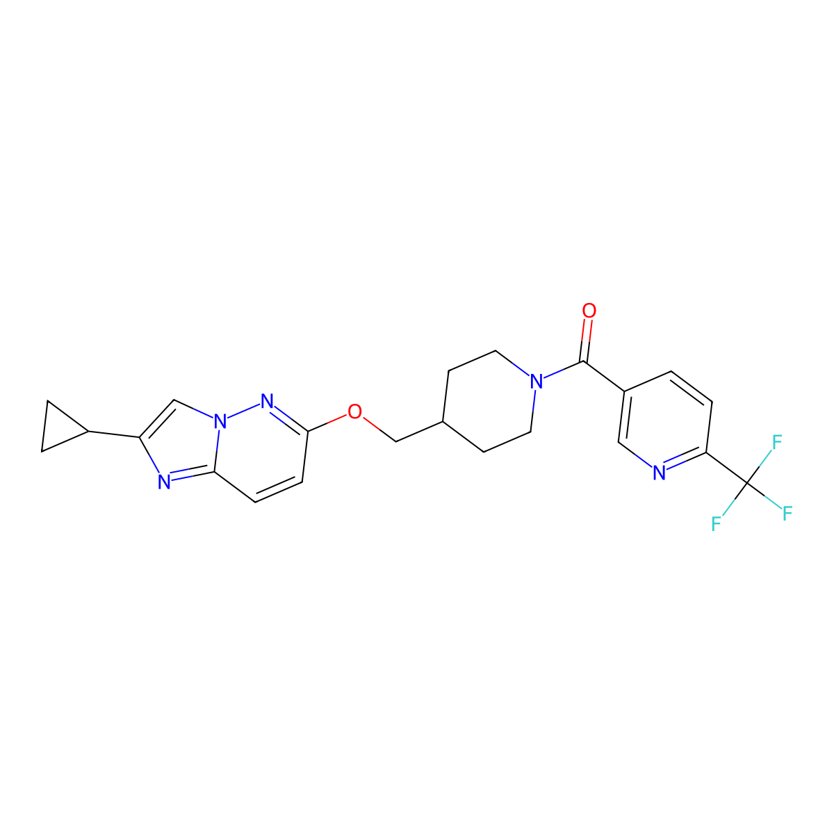 5-{4-[({2-Cyclopropylimidazo[1,2-b]pyridazin-6-yl}oxy)methyl]piperidine-1-carbonyl}-2-(trifluoromethyl)pyridine molecular structure, CAS 2549000-16-8