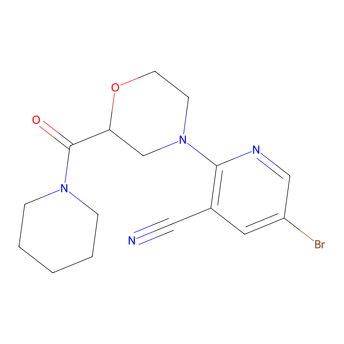 5-Bromo-2-[2-(piperidine-1-carbonyl)morpholin-4-yl]pyridine-3-carbonitrile molecular structure, CAS 2549000-26-0