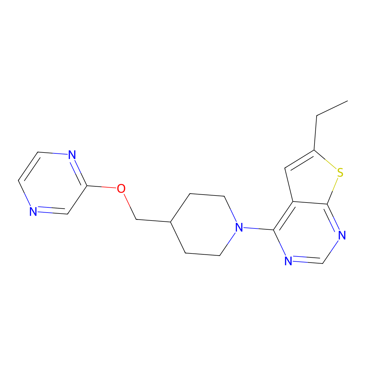 2-[(1-{6-Ethylthieno[2,3-d]pyrimidin-4-yl}piperidin-4-yl)methoxy]pyrazine molecular structure, CAS 2549000-33-9