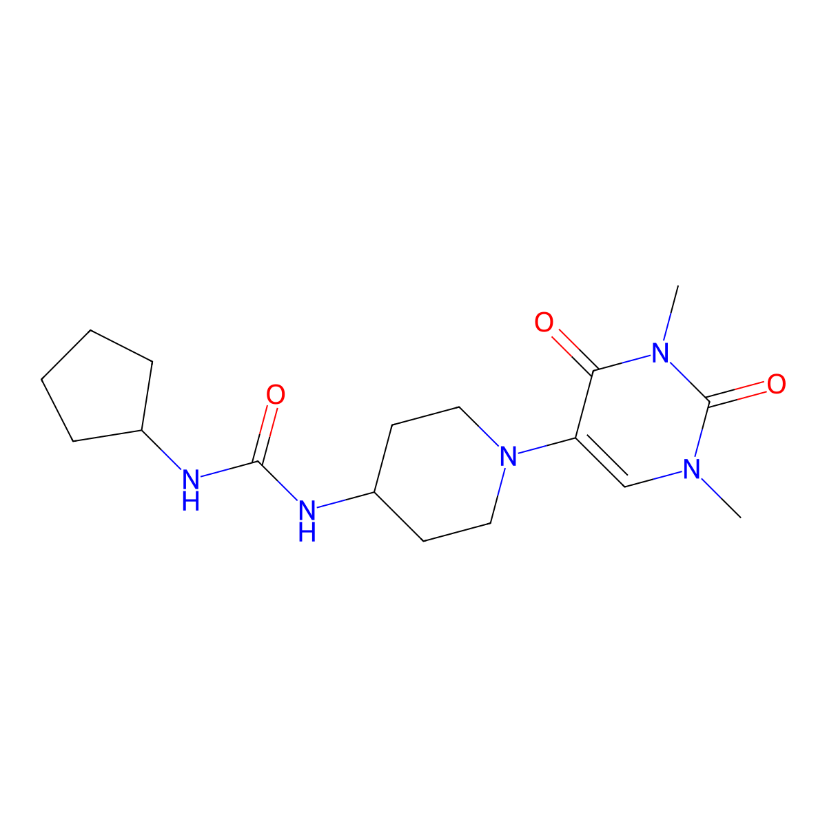 3-Cyclopentyl-1-[1-(1,3-dimethyl-2,4-dioxo-1,2,3,4-tetrahydropyrimidin-5-yl)piperidin-4-yl]urea molecular structure, CAS 2549000-35-1