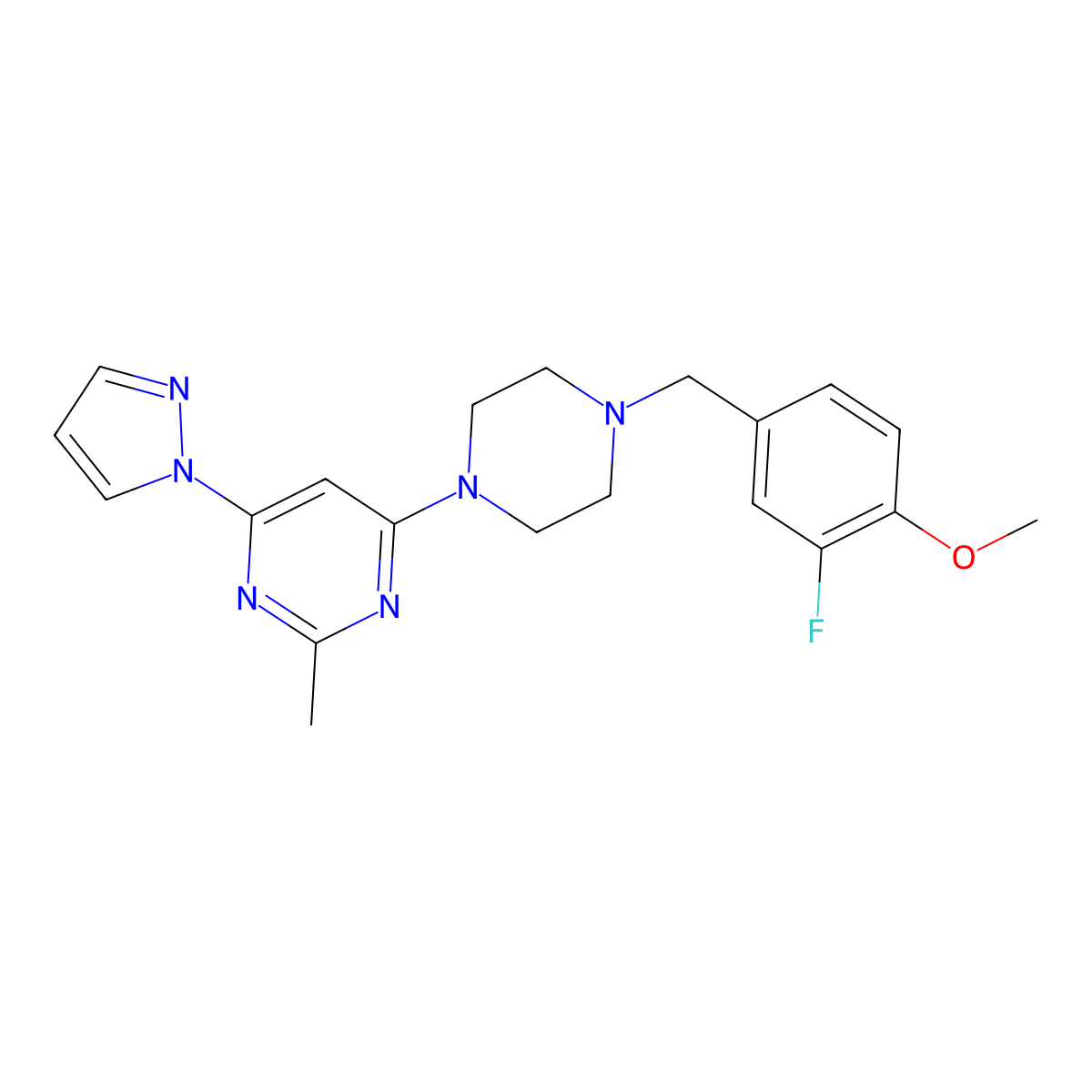 4-{4-[(3-fluoro-4-methoxyphenyl)methyl]piperazin-1-yl}-2-methyl-6-(1H-pyrazol-1-yl)pyrimidine molecular structure, CAS 2549000-40-8