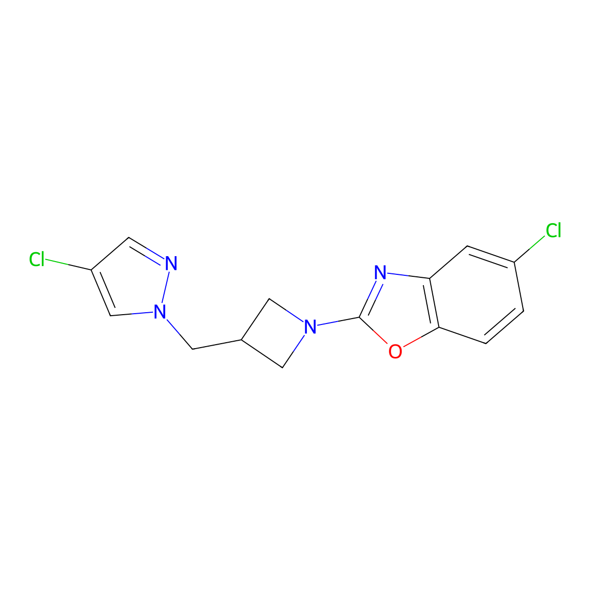 5-chloro-2-{3-[(4-chloro-1H-pyrazol-1-yl)methyl]azetidin-1-yl}-1,3-benzoxazole molecular structure, CAS 2549000-50-0
