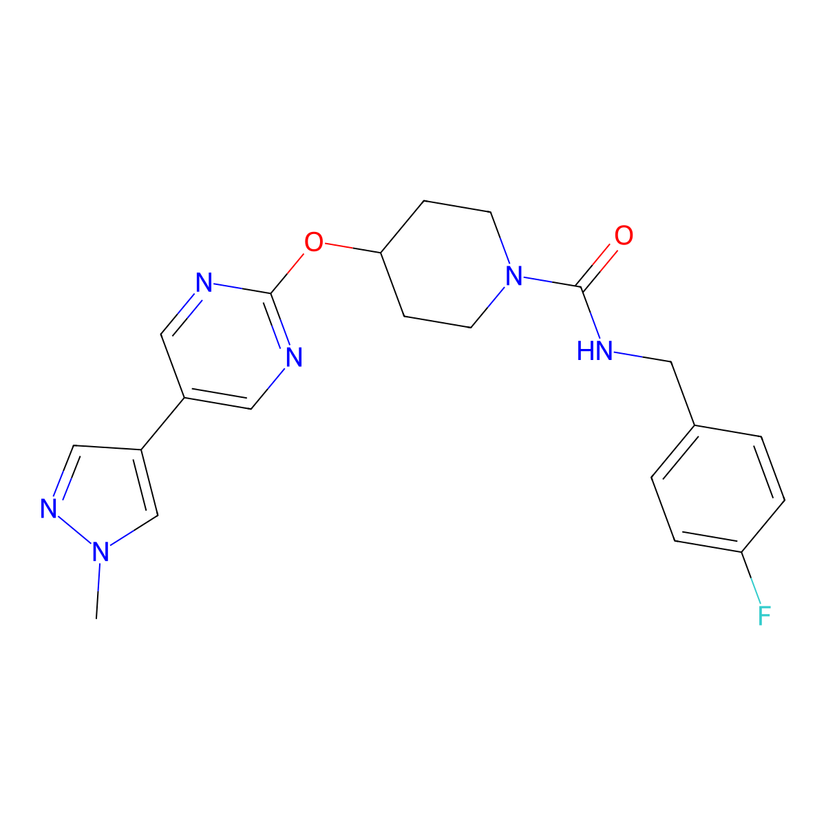 N-[(4-fluorophenyl)methyl]-4-{[5-(1-methyl-1H-pyrazol-4-yl)pyrimidin-2-yl]oxy}piperidine-1-carboxamide molecular structure, CAS 2549000-60-2