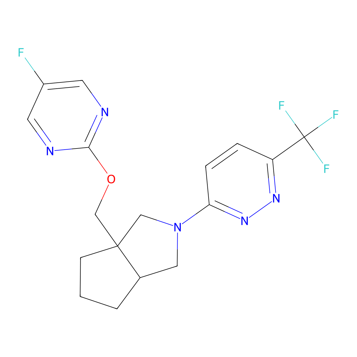 3-(3a-{[(5-Fluoropyrimidin-2-yl)oxy]methyl}-octahydrocyclopenta[c]pyrrol-2-yl)-6-(trifluoromethyl)pyridazine molecular structure, CAS 2549000-62-4