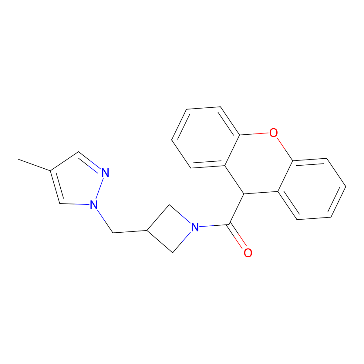 4-methyl-1-{[1-(9H-xanthene-9-carbonyl)azetidin-3-yl]methyl}-1H-pyrazole molecular structure, CAS 2549000-65-7