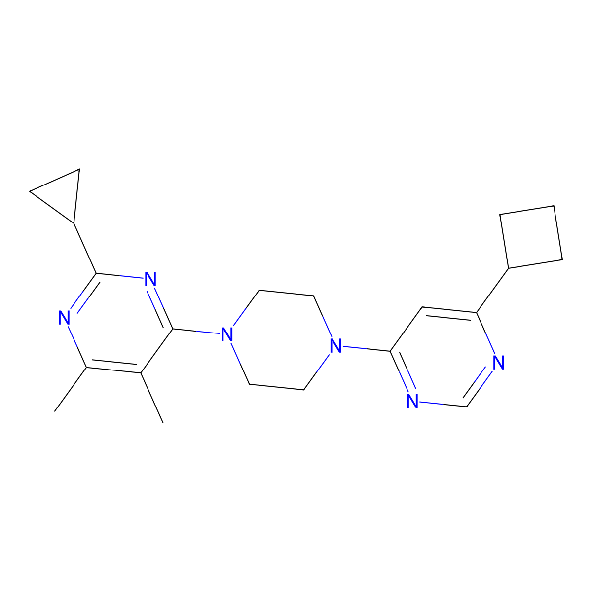4-[4-(6-Cyclobutylpyrimidin-4-yl)piperazin-1-yl]-2-cyclopropyl-5,6-dimethylpyrimidine molecular structure, CAS 2549000-82-8