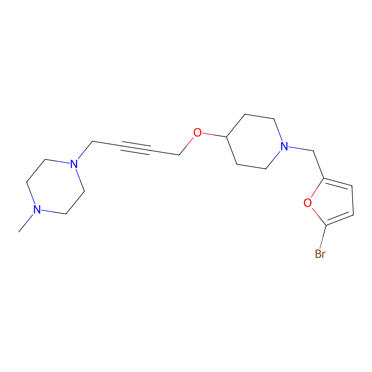 1-[4-({1-[(5-Bromofuran-2-yl)methyl]piperidin-4-yl}oxy)but-2-yn-1-yl]-4-methylpiperazine molecular structure, CAS 2549000-83-9