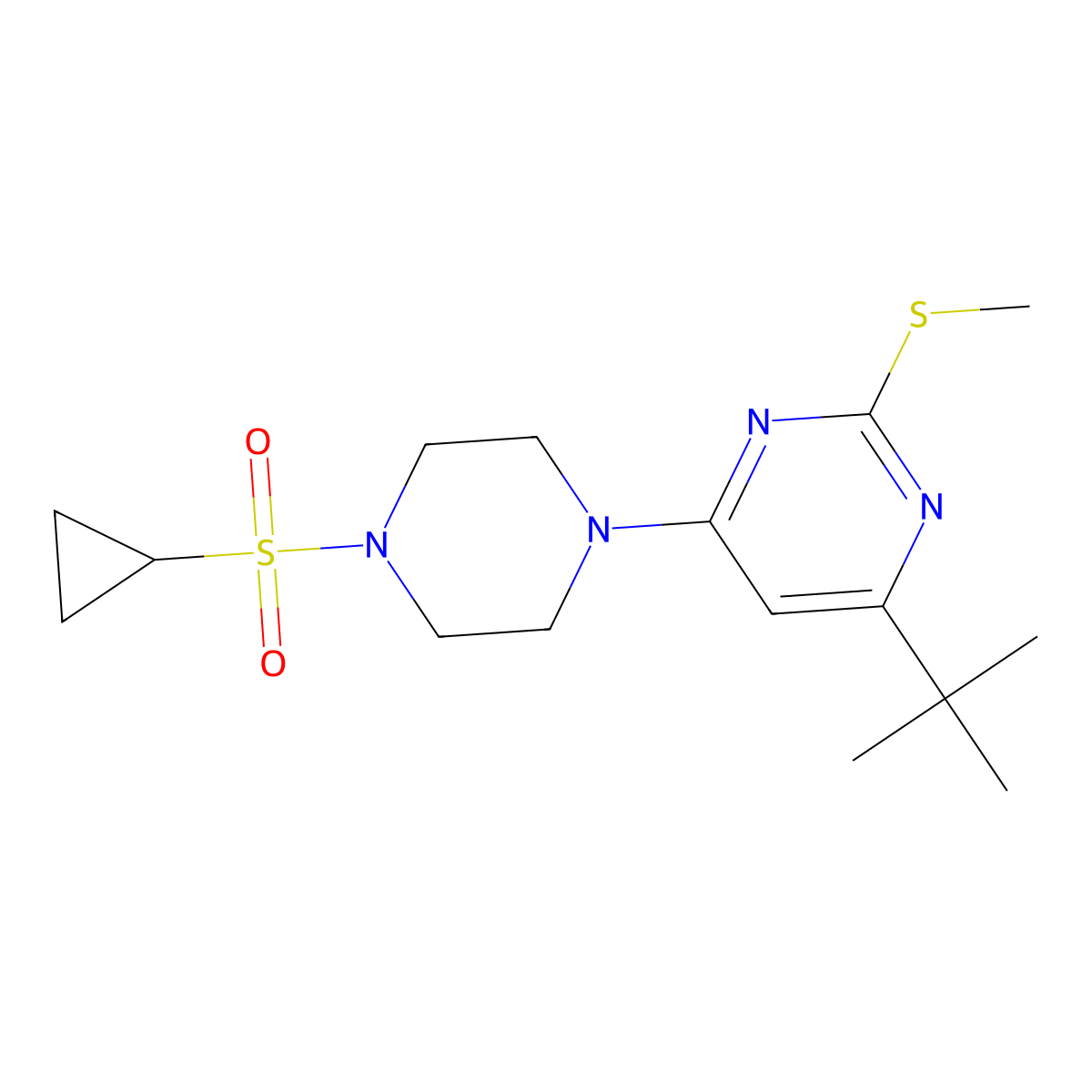 4-Tert-butyl-6-[4-(cyclopropanesulfonyl)piperazin-1-yl]-2-(methylsulfanyl)pyrimidine molecular structure, CAS 2549000-87-3