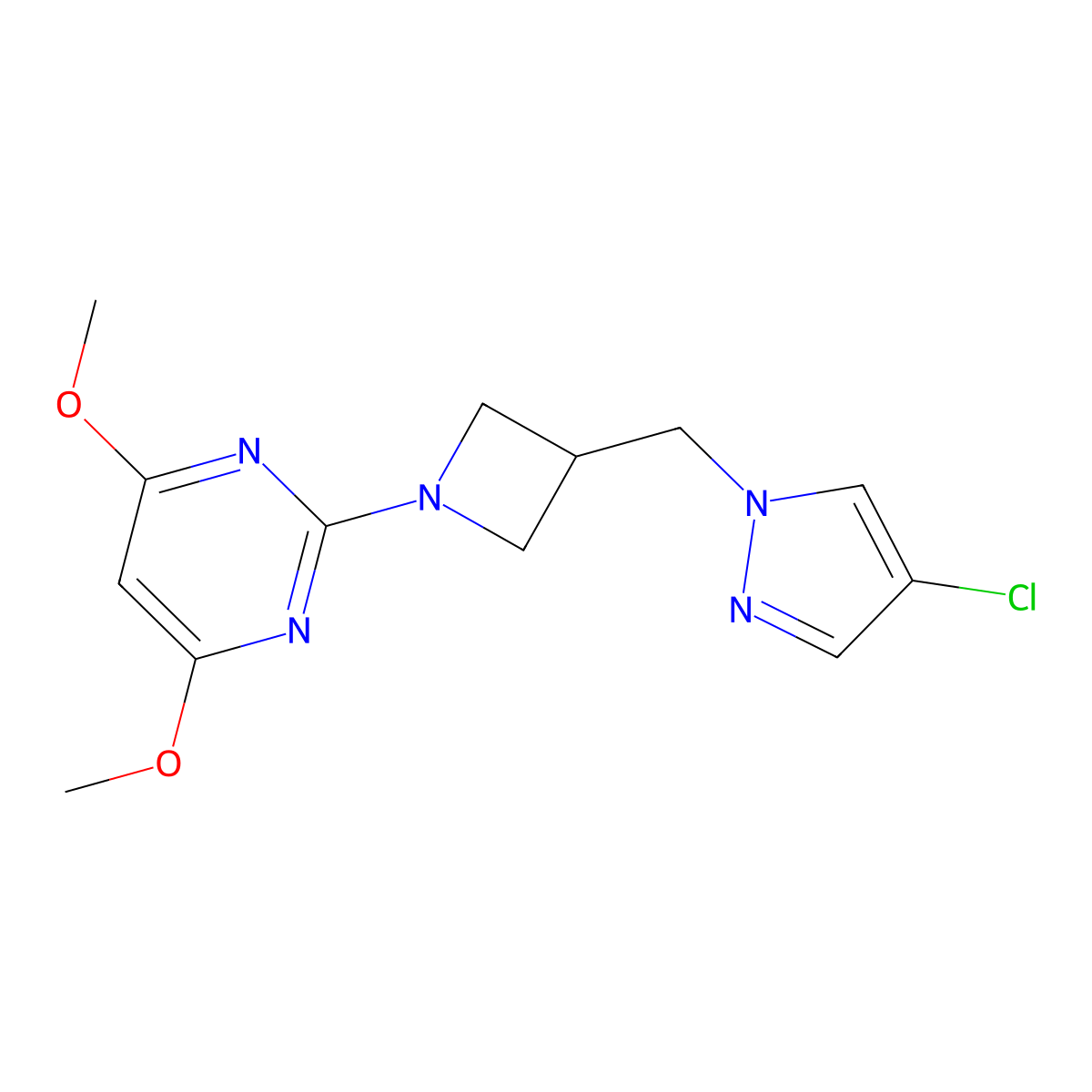 2-{3-[(4-chloro-1H-pyrazol-1-yl)methyl]azetidin-1-yl}-4,6-dimethoxypyrimidine molecular structure, CAS 2549000-94-2