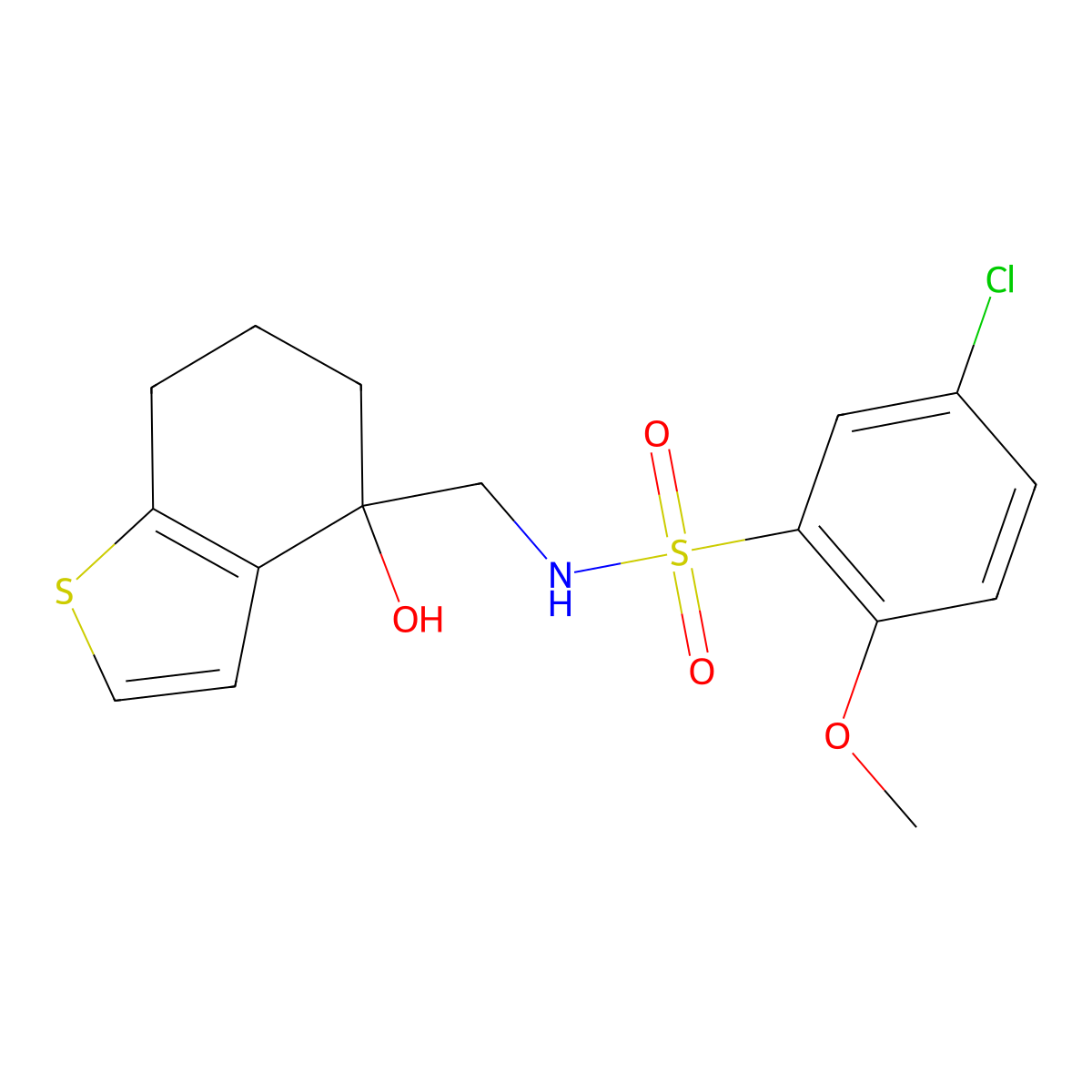 5-chloro-N-[(4-hydroxy-4,5,6,7-tetrahydro-1-benzothiophen-4-yl)methyl]-2-methoxybenzene-1-sulfonamide molecular structure, CAS 2549000-96-4