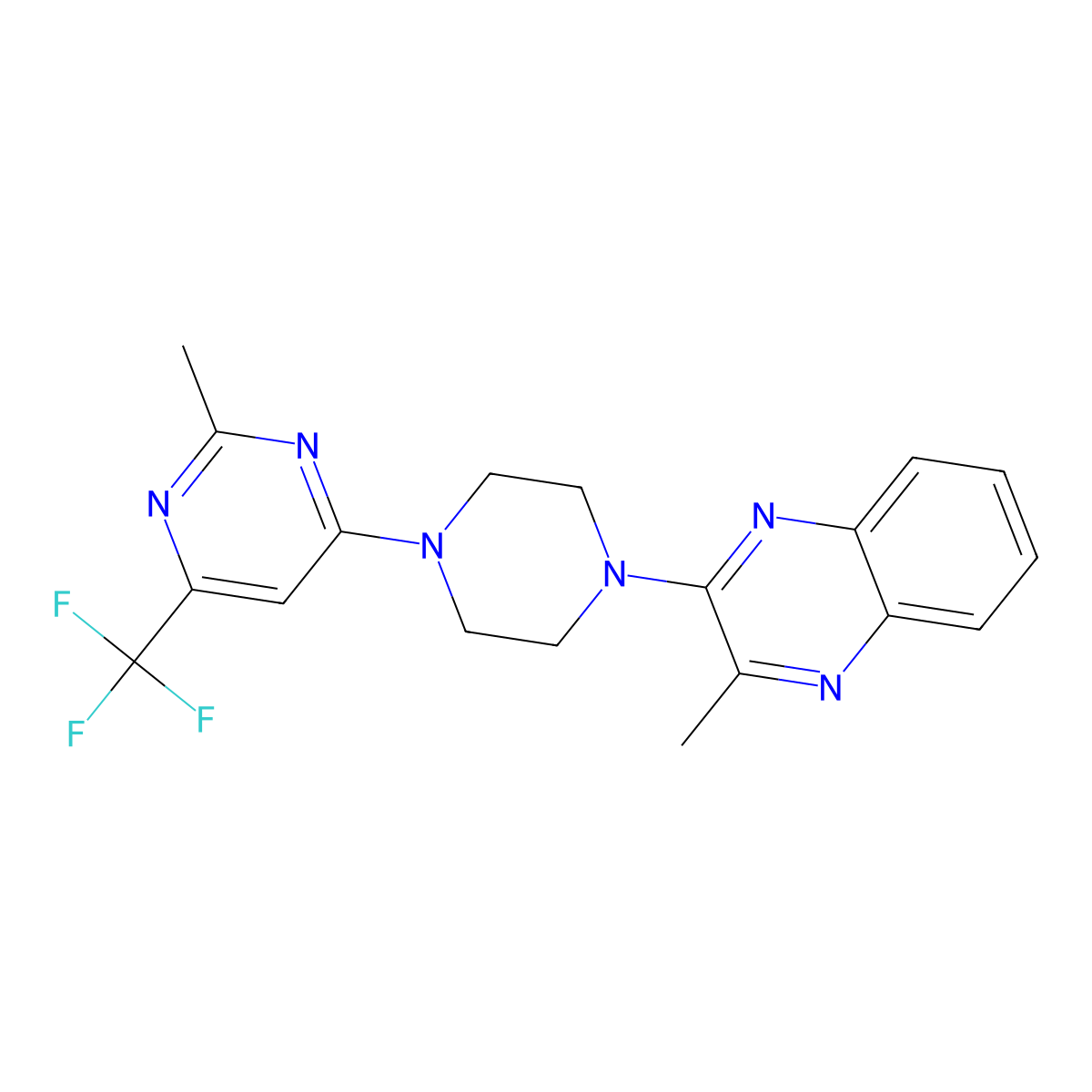 2-Methyl-3-{4-[2-methyl-6-(trifluoromethyl)pyrimidin-4-yl]piperazin-1-yl}quinoxaline molecular structure, CAS 2549000-99-7