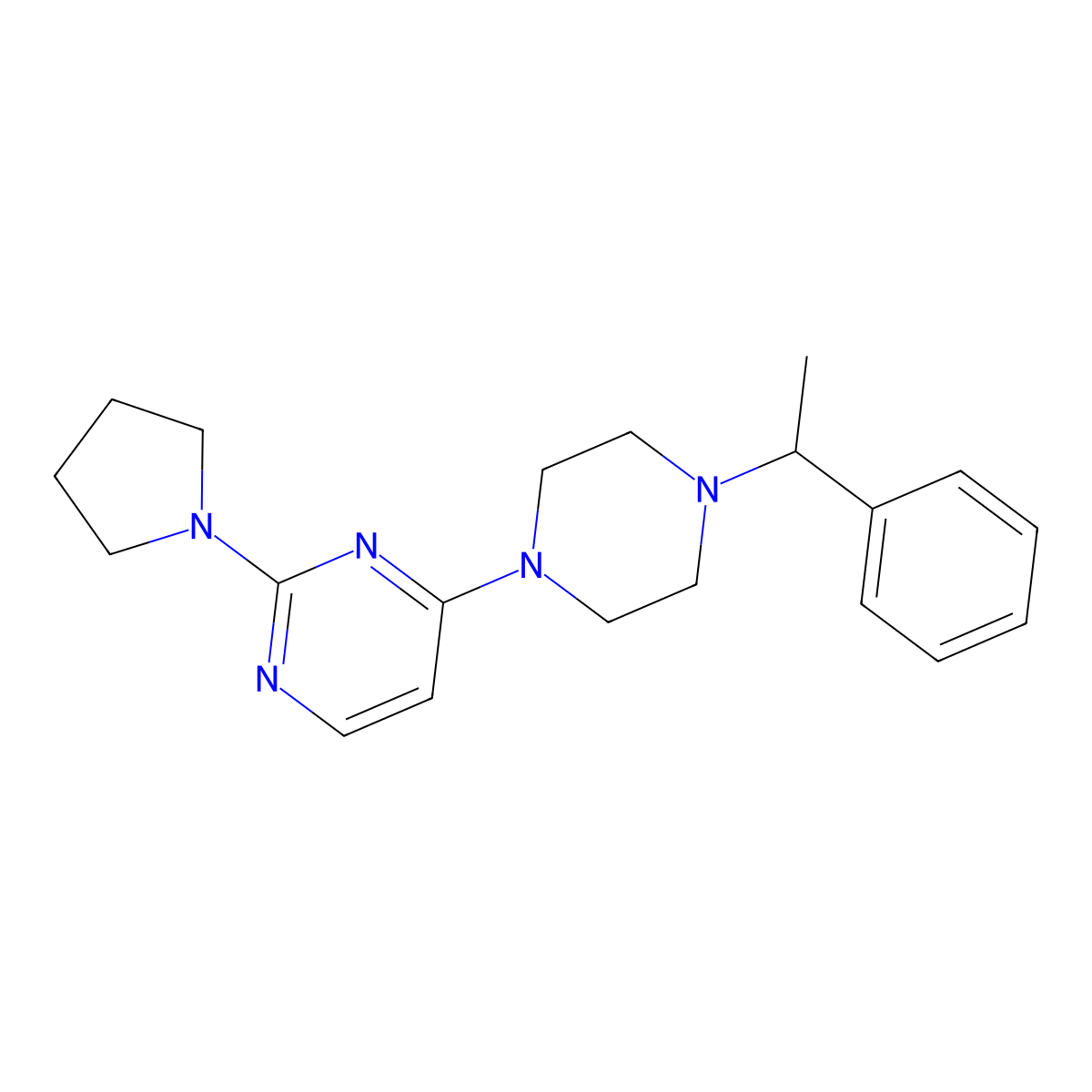 4-[4-(1-Phenylethyl)piperazin-1-yl]-2-(pyrrolidin-1-yl)pyrimidine molecular structure, CAS 2549001-01-4