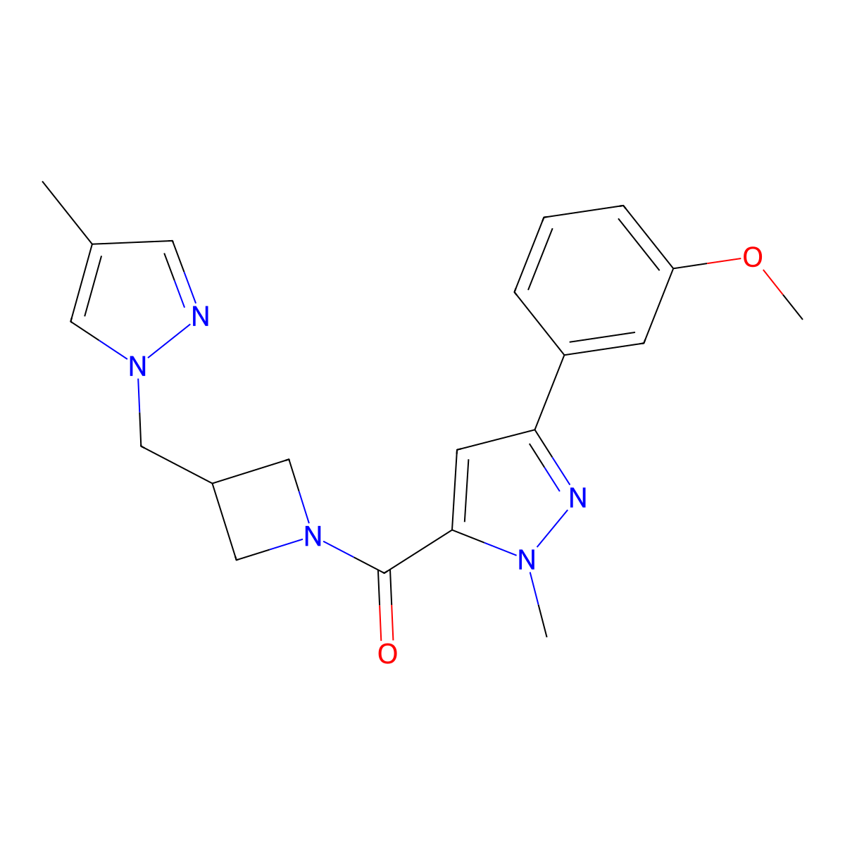 3-(3-methoxyphenyl)-1-methyl-5-{3-[(4-methyl-1H-pyrazol-1-yl)methyl]azetidine-1-carbonyl}-1H-pyrazole molecular structure, CAS 2549001-06-9
