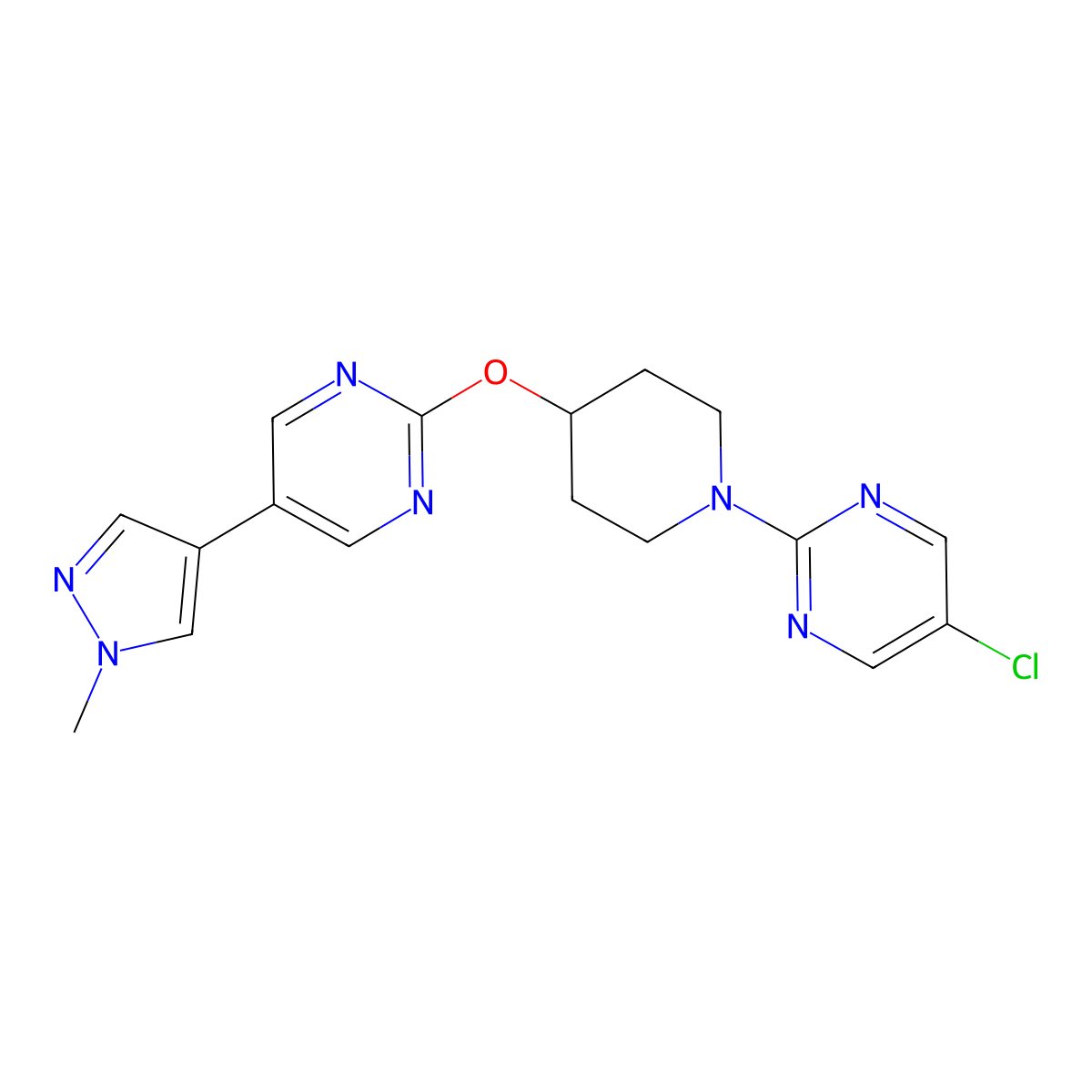 5-chloro-2-(4-{[5-(1-methyl-1H-pyrazol-4-yl)pyrimidin-2-yl]oxy}piperidin-1-yl)pyrimidine molecular structure, CAS 2549001-08-1