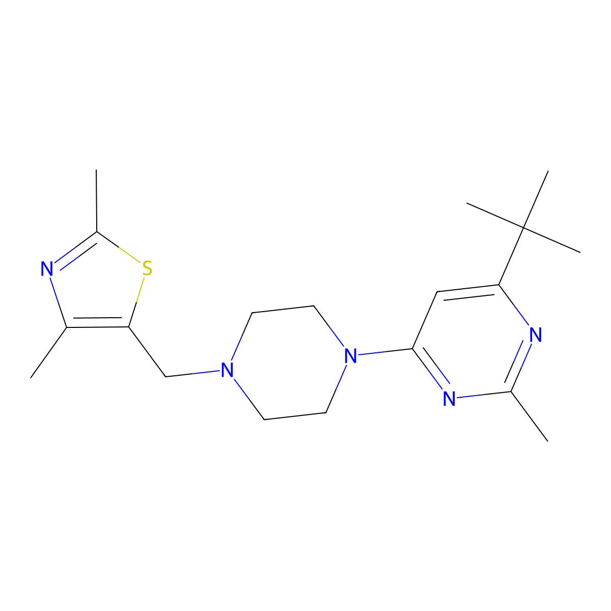 4-Tert-butyl-6-{4-[(2,4-dimethyl-1,3-thiazol-5-yl)methyl]piperazin-1-yl}-2-methylpyrimidine molecular structure, CAS 2549001-10-5