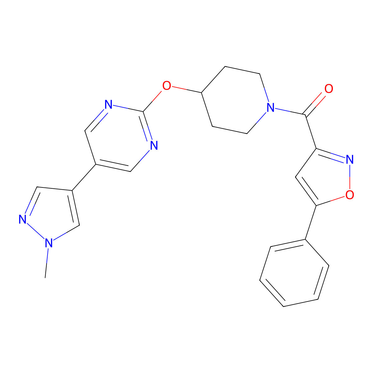 5-(1-methyl-1H-pyrazol-4-yl)-2-{[1-(5-phenyl-1,2-oxazole-3-carbonyl)piperidin-4-yl]oxy}pyrimidine molecular structure, CAS 2549001-12-7