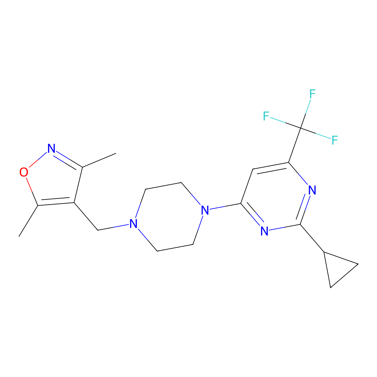 2-Cyclopropyl-4-{4-[(3,5-dimethyl-1,2-oxazol-4-yl)methyl]piperazin-1-yl}-6-(trifluoromethyl)pyrimidine molecular structure, CAS 2549001-34-3