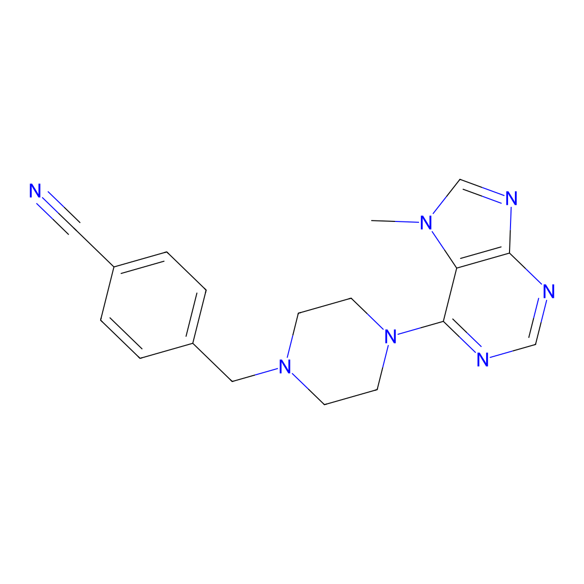 4-{[4-(7-methyl-7H-purin-6-yl)piperazin-1-yl]methyl}benzonitrile molecular structure, CAS 2549001-38-7