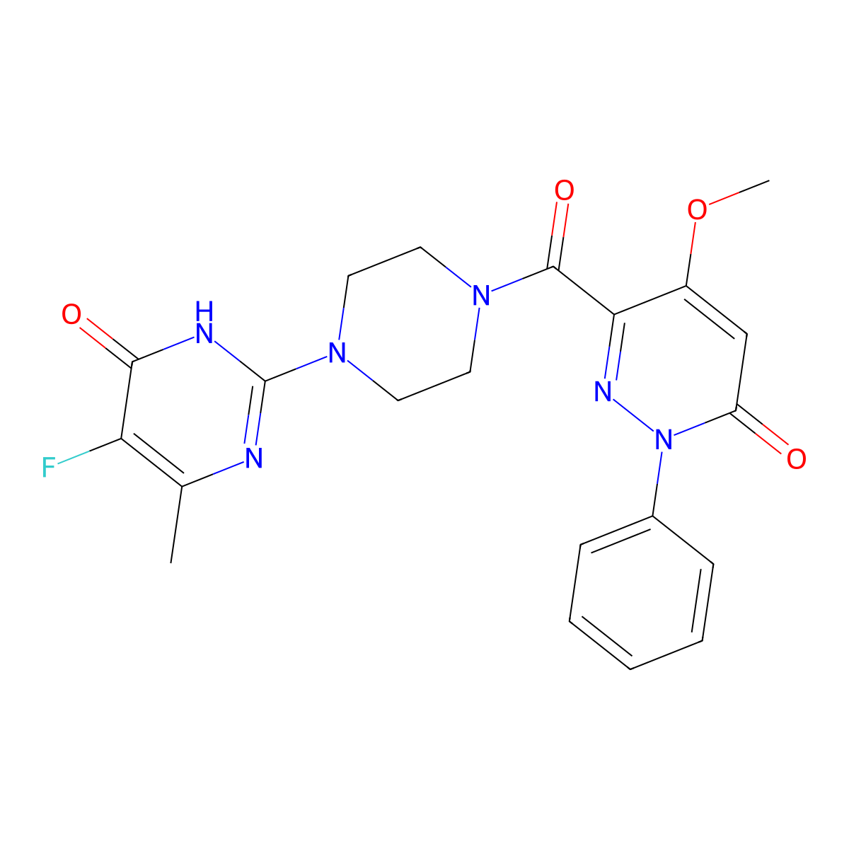 5-Fluoro-2-[4-(4-methoxy-6-oxo-1-phenyl-1,6-dihydropyridazine-3-carbonyl)piperazin-1-yl]-6-methyl-3,4-dihydropyrimidin-4-one molecular structure, CAS 2549001-48-9