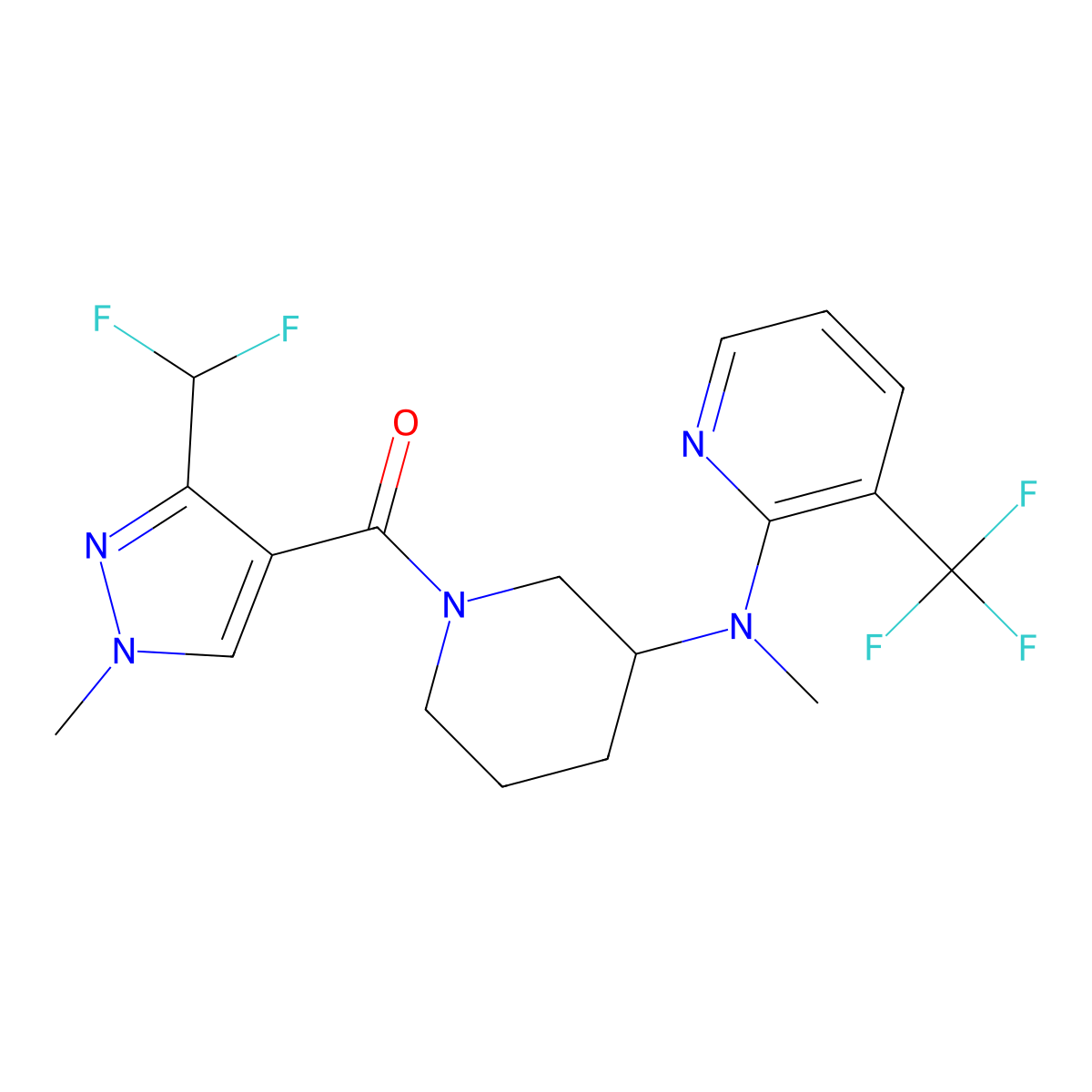N-{1-[3-(difluoromethyl)-1-methyl-1H-pyrazole-4-carbonyl]piperidin-3-yl}-N-methyl-3-(trifluoromethyl)pyridin-2-amine molecular structure, CAS 2549001-50-3