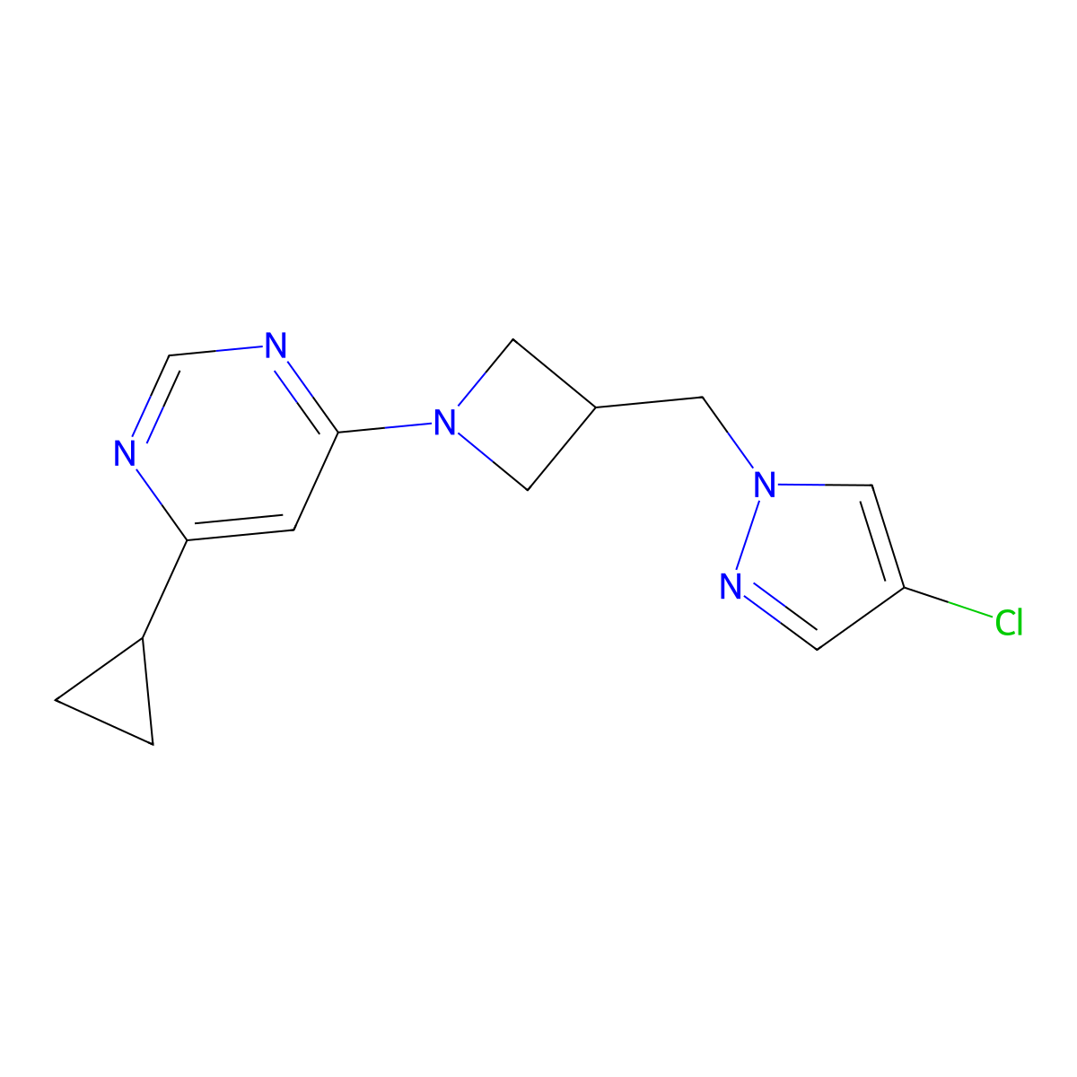 4-{3-[(4-chloro-1H-pyrazol-1-yl)methyl]azetidin-1-yl}-6-cyclopropylpyrimidine molecular structure, CAS 2549001-52-5