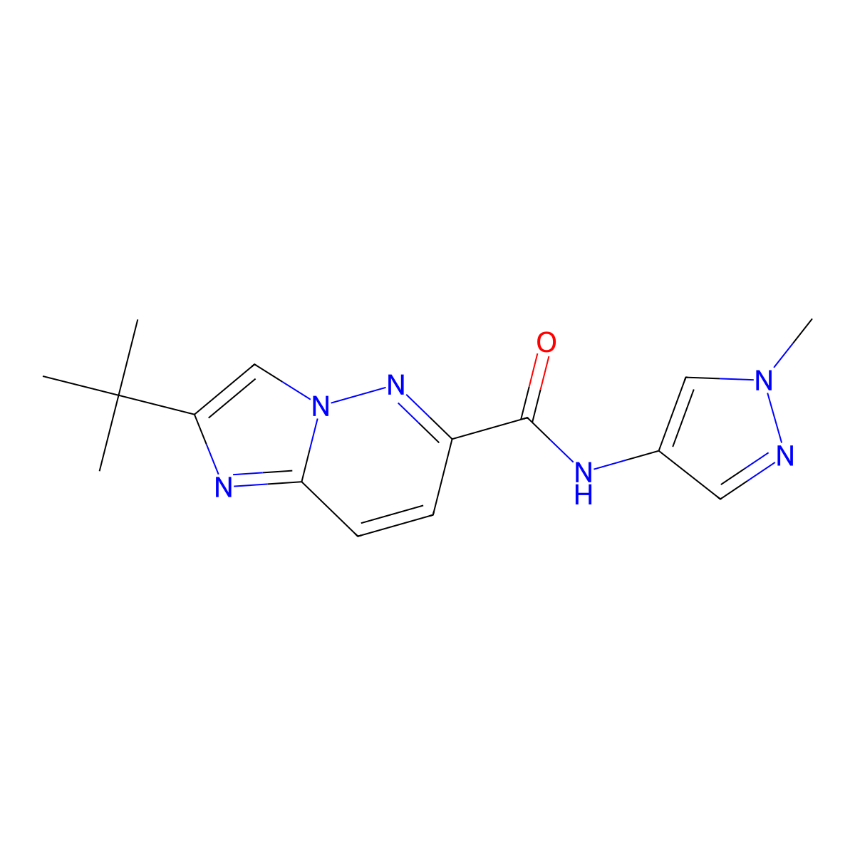 2-tert-butyl-N-(1-methyl-1H-pyrazol-4-yl)imidazo[1,2-b]pyridazine-6-carboxamide molecular structure, CAS 2549001-53-6