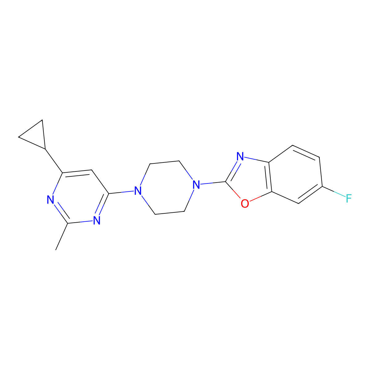 2-[4-(6-Cyclopropyl-2-methylpyrimidin-4-yl)piperazin-1-yl]-6-fluoro-1,3-benzoxazole molecular structure, CAS 2549001-54-7