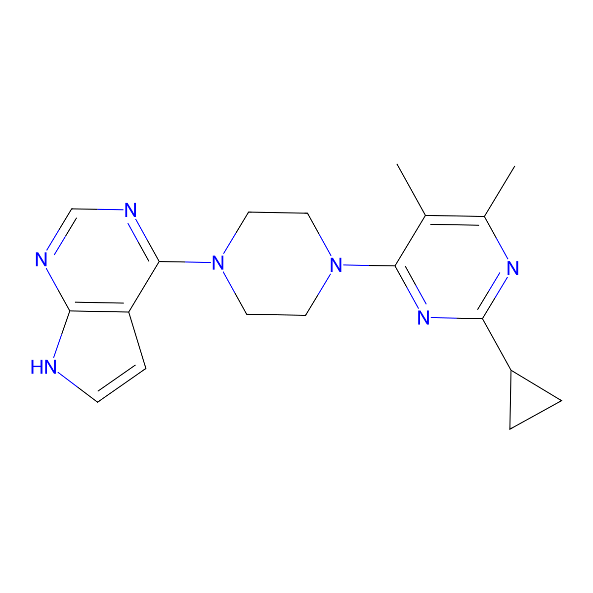 2-cyclopropyl-4,5-dimethyl-6-(4-{7H-pyrrolo[2,3-d]pyrimidin-4-yl}piperazin-1-yl)pyrimidine molecular structure, CAS 2549001-56-9
