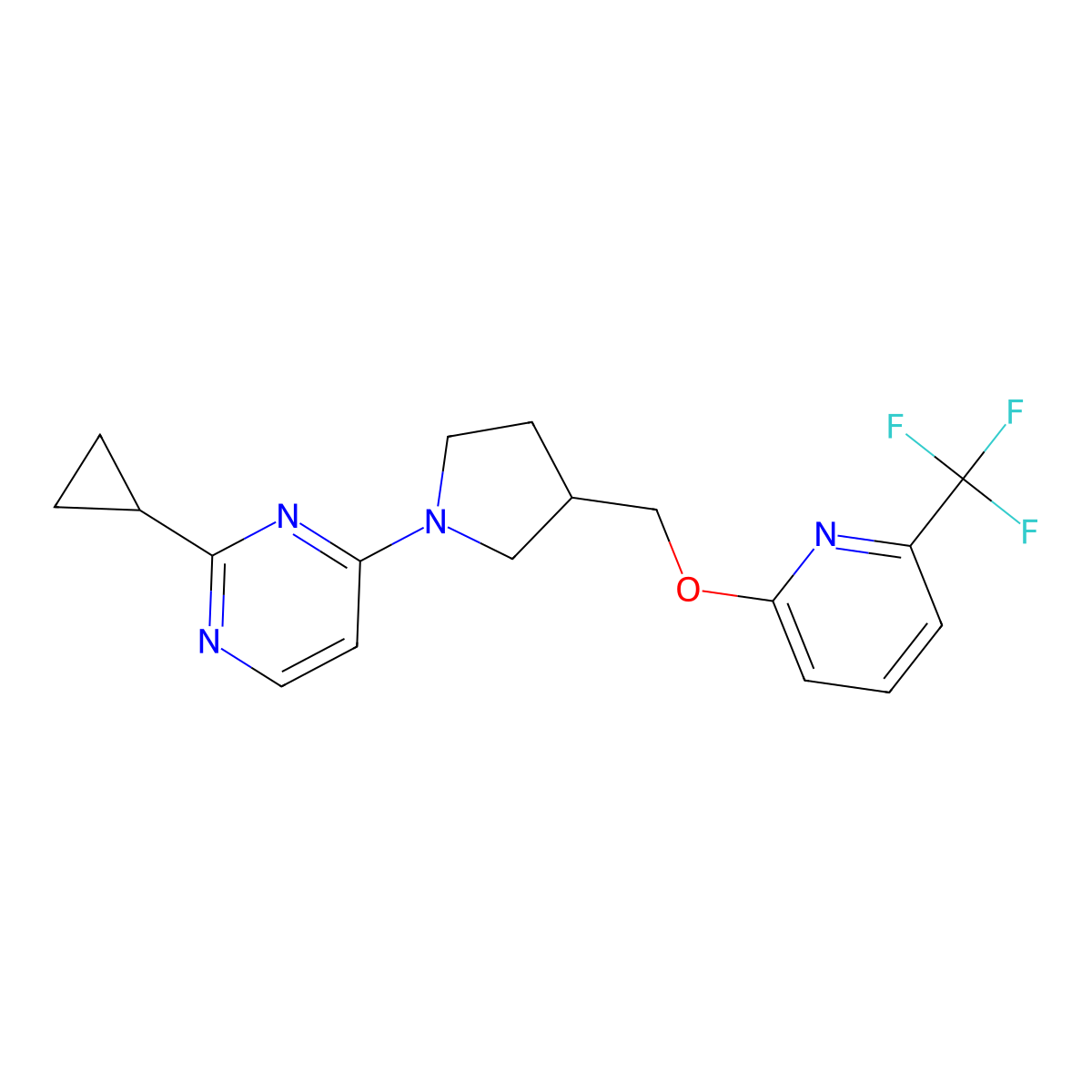 2-Cyclopropyl-4-[3-({[6-(trifluoromethyl)pyridin-2-yl]oxy}methyl)pyrrolidin-1-yl]pyrimidine molecular structure, CAS 2549001-57-0