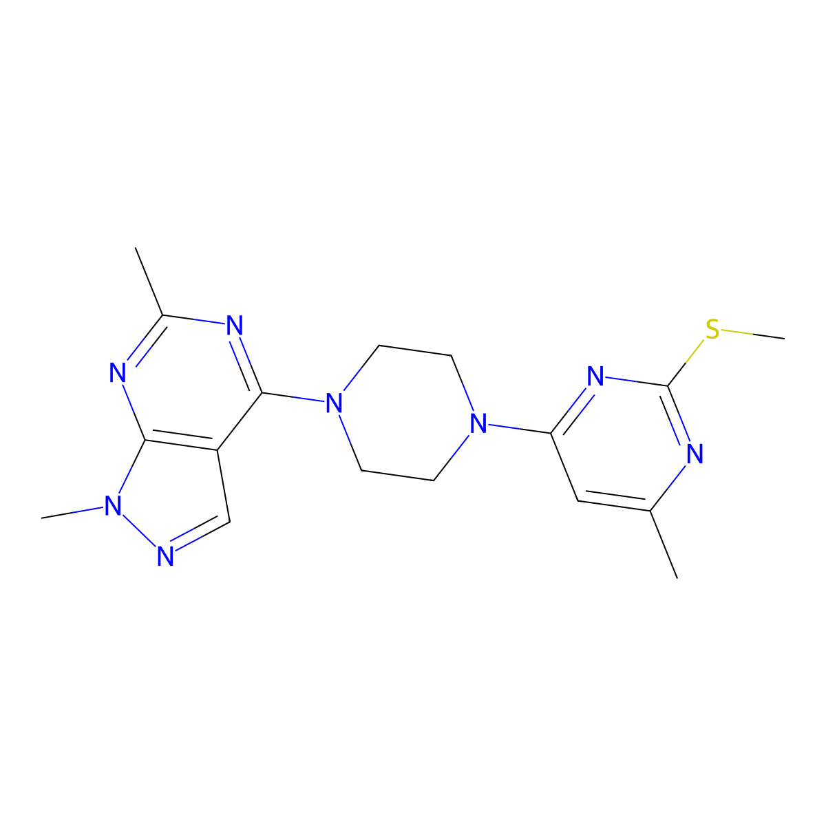 4-(4-{1,6-dimethyl-1H-pyrazolo[3,4-d]pyrimidin-4-yl}piperazin-1-yl)-6-methyl-2-(methylsulfanyl)pyrimidine molecular structure, CAS 2549001-61-6