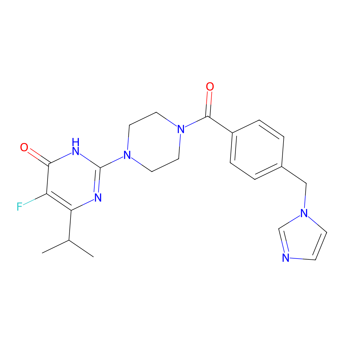 5-fluoro-2-(4-{4-[(1H-imidazol-1-yl)methyl]benzoyl}piperazin-1-yl)-6-(propan-2-yl)-3,4-dihydropyrimidin-4-one molecular structure, CAS 2549001-68-3