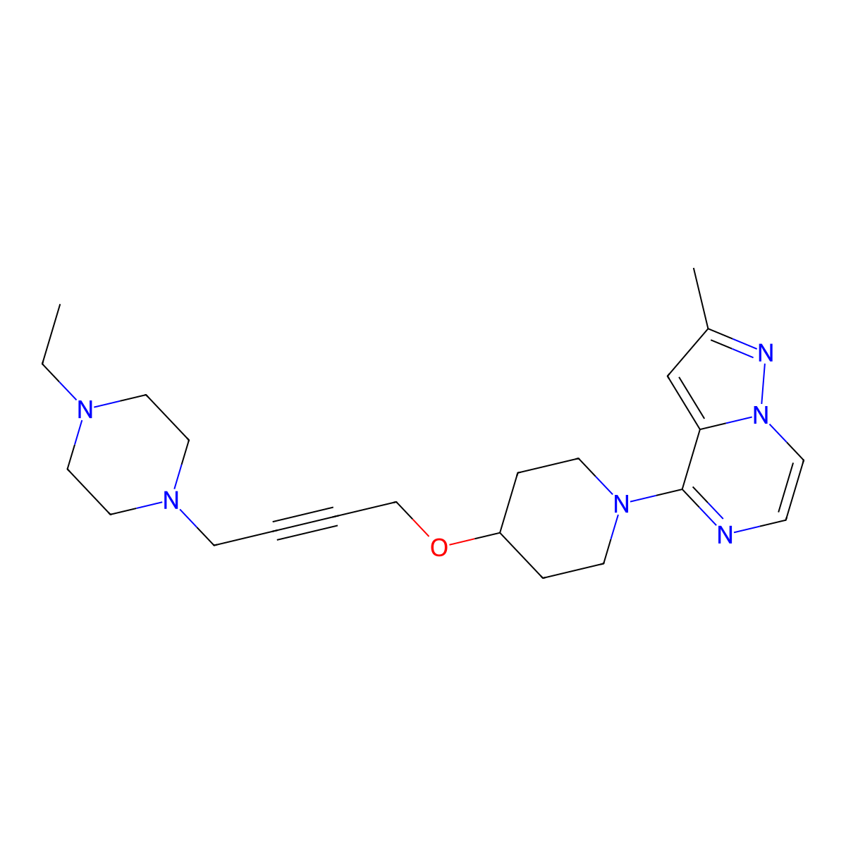 1-Ethyl-4-{4-[(1-{2-methylpyrazolo[1,5-a]pyrazin-4-yl}piperidin-4-yl)oxy]but-2-yn-1-yl}piperazine molecular structure, CAS 2549001-69-4