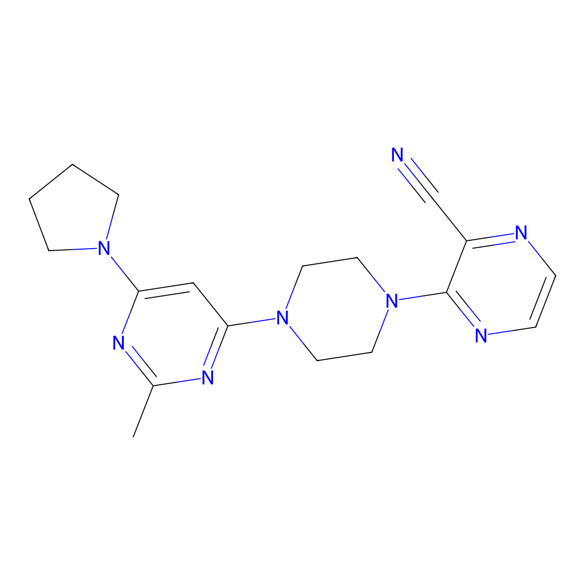 3-{4-[2-Methyl-6-(pyrrolidin-1-yl)pyrimidin-4-yl]piperazin-1-yl}pyrazine-2-carbonitrile molecular structure, CAS 2549001-79-6