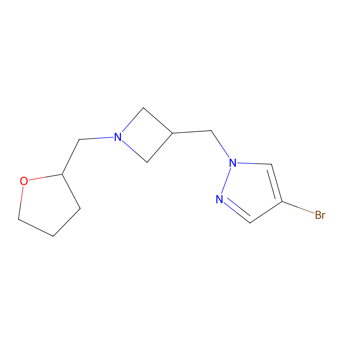 4-bromo-1-({1-[(oxolan-2-yl)methyl]azetidin-3-yl}methyl)-1H-pyrazole molecular structure, CAS 2549001-81-0